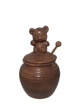 Vintage Pottery  Brown Stoneware Honeypot with Lid & Honey Dipper Wand Bear 8"